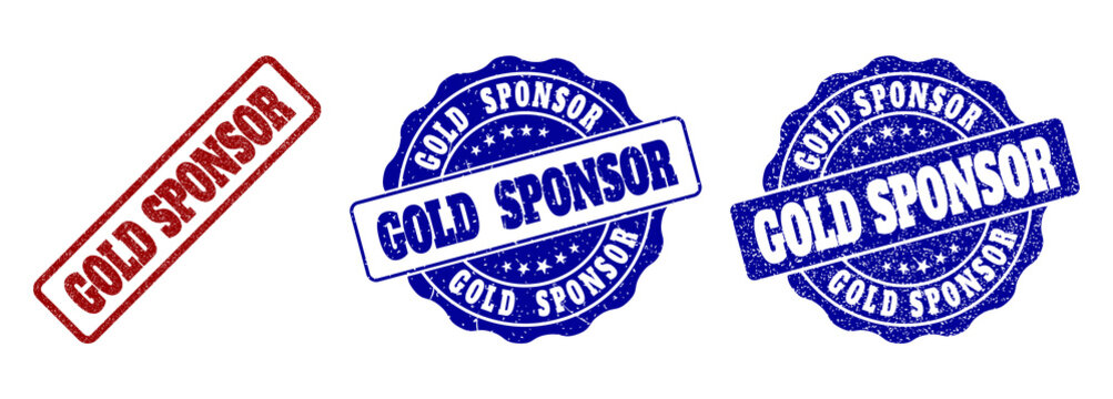 GOLD SPONSOR grunge stamp seals in red and blue colors. Vector GOLD SPONSOR marks with grunge surface. Graphic elements are rounded rectangles, rosettes, circles and text tags.