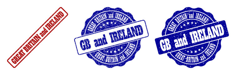 GREAT BRITAIN AND IRELAND grunge stamp seals in red and blue colors. Vector GREAT BRITAIN AND IRELAND overlays with grunge texture. Graphic elements are rounded rectangles, rosettes,