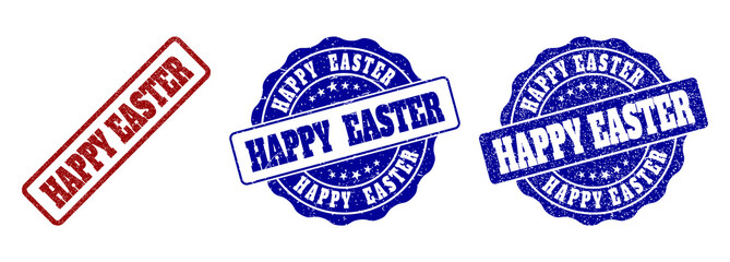 HAPPY EASTER grunge stamp seals in red and blue colors. Vector HAPPY EASTER labels with grunge style. Graphic elements are rounded rectangles, rosettes, circles and text captions.
