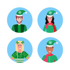 set mix race man woman christmas elf santa helper concept different face avatar portrait collection male female cartoon character isolated
