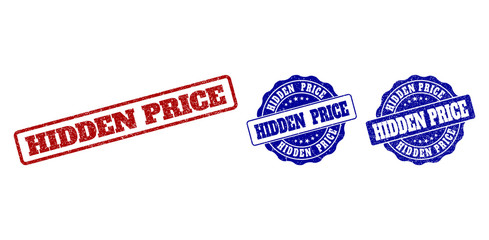 HIDDEN PRICE grunge stamp seals in red and blue colors. Vector HIDDEN PRICE overlays with grunge surface. Graphic elements are rounded rectangles, rosettes, circles and text tags.