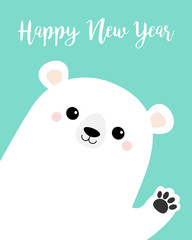Happy New Year. Big white polar bear waving hand paw print. Cute cartoon funny kawaii baby character. Merry Christmas Greeting Card. Flat design. Blue background. Greeting card.