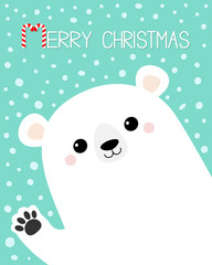 Merry Christmas. White polar bear waving hand paw print. Cute cartoon funny kawaii baby character. Happy New Year. Greeting Card. Flat design. Greeting card. Blue snow background.