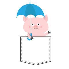 Pig face head in the pocket. Umbrella. Cute cartoon animals. Piggy piglet character. Dash line. White and black color. T-shirt design. Baby background. Isolated. Flat design.