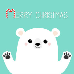Merry Christmas. White polar bear holding hands paw print. Cute cartoon funny kawaii baby character. Happy New Year. Greeting Card. Flat design. Blue background. Greeting card.