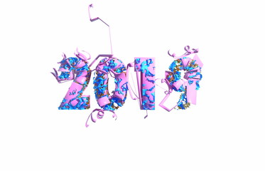 Happy New Year Banner with 2019 trendy pink color Numbers made by plastic and organic matterwhite Background. Abstract 3d illustration