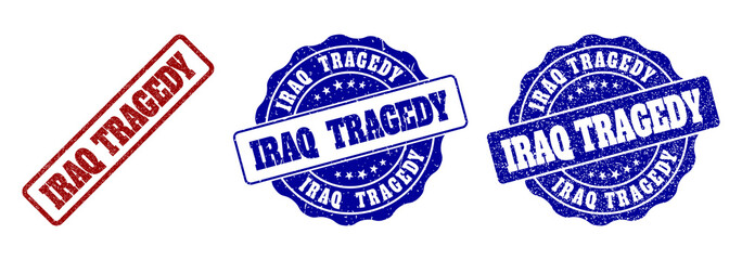 IRAQ TRAGEDY grunge stamp seals in red and blue colors. Vector IRAQ TRAGEDY labels with grunge effect. Graphic elements are rounded rectangles, rosettes, circles and text titles.