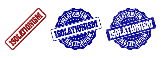 ISOLATIONISM grunge stamp seals in red and blue colors. Vector ISOLATIONISM signs with grunge style. Graphic elements are rounded rectangles, rosettes, circles and text captions.