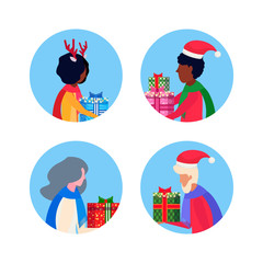 set mix race different age people holding gift box happy new year merry christmas concept male female face avatar profile cartoon character portrait collection isolated