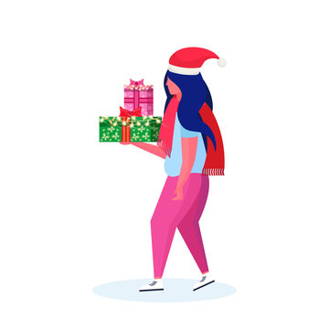 woman wearing hat holding gift box happy new year merry christmas concept female cartoon character profile full length isolated