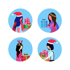 set mix race woman holding gift box happy new year merry christmas concept female face avatar profile collection cartoon character portrait isolated