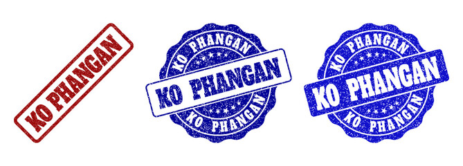 Obraz premium KO PHANGAN grunge stamp seals in red and blue colors. Vector KO PHANGAN signs with grainy style. Graphic elements are rounded rectangles, rosettes, circles and text tags.