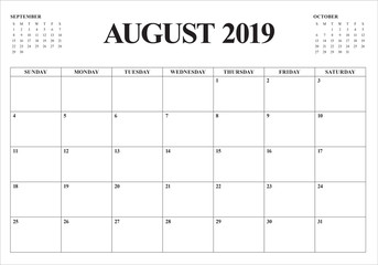 August 2019 desk calendar vector illustration - obrazy, fototapety, plakaty