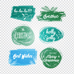 Labels with Christmas and New Years designs. Decorative tags and elements set for holiday lettering design .Vector illustrated Christmas stamp logo.
