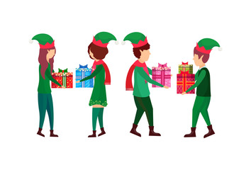 christmas boy girl present gift box each other elf santa helper concept flat full length female male cartoon character isolated horizontal