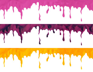 Collection of liquid melted dripping  strawberry juice, grape, wine, orange seamless, isolated on white background, 3d rendering illustration