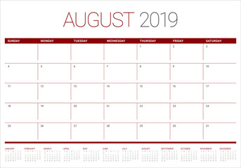 August 2019 desk calendar vector illustration