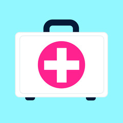 Obraz premium First aid kit flat style design vector illustration isolated on light blue background. Doctor bag box medical health suitcase icon sign with red cross on it.