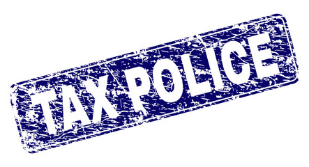 TAX POLICE stamp seal watermark with grunge style. Seal shape is a rounded rectangle with frame. Blue vector rubber print of TAX POLICE label with grunge style.