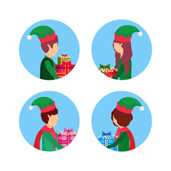 set christmas girl boy face profile avatar collection elf santa helper concept flat female male cartoon character portrait isolated