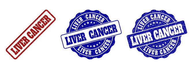 Obraz premium LIVER CANCER grunge stamp seals in red and blue colors. Vector LIVER CANCER watermarks with grunge style. Graphic elements are rounded rectangles, rosettes, circles and text titles.