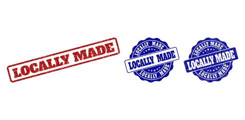 LOCALLY MADE scratched stamp seals in red and blue colors. Vector LOCALLY MADE labels with distress texture. Graphic elements are rounded rectangles, rosettes, circles and text labels.