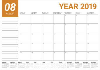 August 2019 desk calendar vector illustration