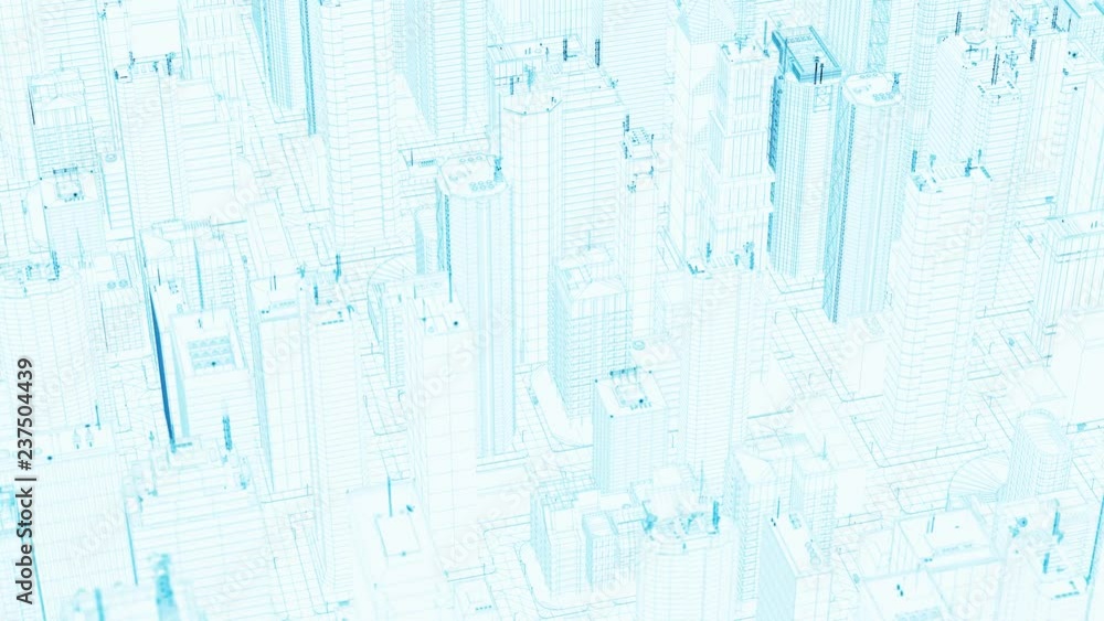 Poster 3d render abstract wireframe city fragment.digital concept with different skyscrappers and small bui