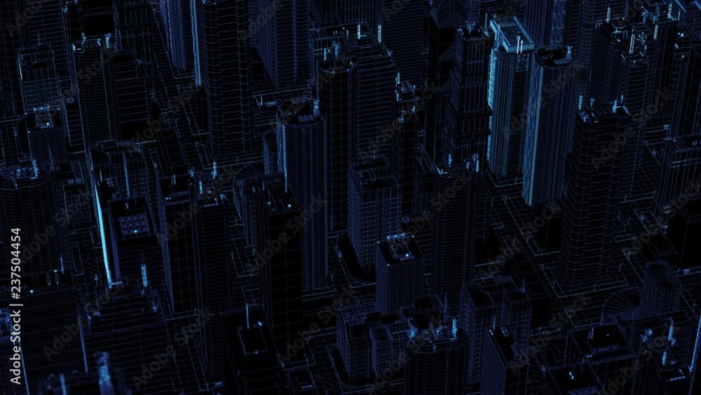 Poster 3d render abstract wireframe city fragment.digital concept with different skyscrappers and small bui