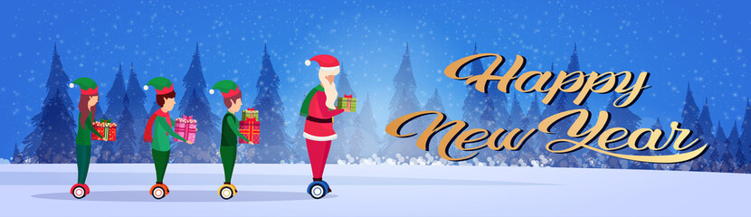 santa claus elf helper team ride electric scooter new year merry christmas concept fir tree forest landscape full length profile horizontal banner
