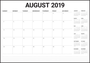 August 2019 desk calendar vector illustration