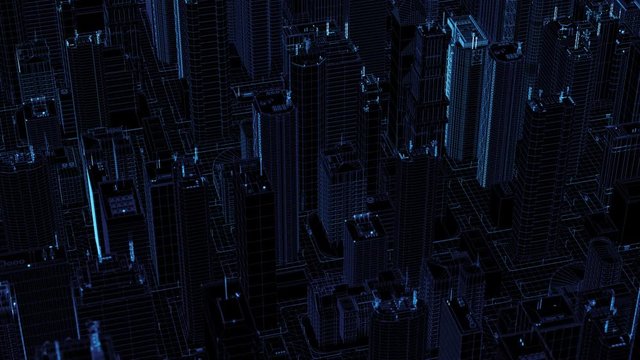3d render abstract wireframe city fragment.Digital concept with different skyscrappers and small buildings. Perfect for business and corporate presentation.