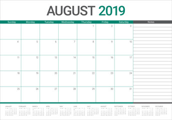 August 2019 desk calendar vector illustration