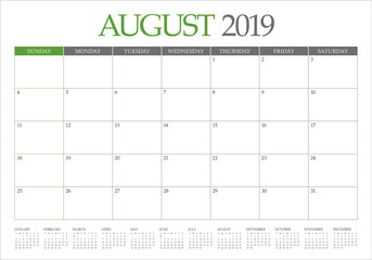 August 2019 desk calendar vector illustration