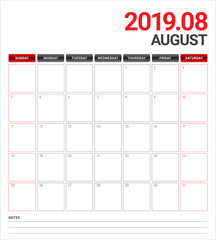 August 2019 desk calendar vector illustration