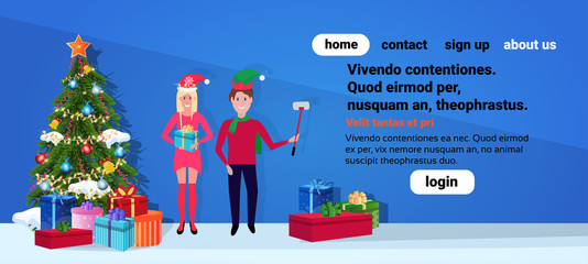 Naklejka premium man woman couple wearing deer horns taking selfie near fir tree happy new year merry christmas concept flat horizontal copy space vector illustration