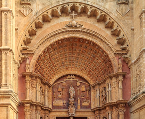 Facade of the Cathedral of Santa Maria of Palma (Cathedral of St. Mary of Palma) or La Seu, a Gothic Roman Catholic cathedral in Palma de Mallorca in Mallorca on Balearic islands in Spain