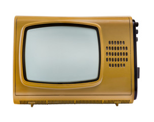 Vintage brown TV in a plastic case with a monochrome cathode ray tube display isolated on white...