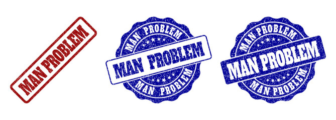 MAN PROBLEM grunge stamp seals in red and blue colors. Vector MAN PROBLEM watermarks with grunge style. Graphic elements are rounded rectangles, rosettes, circles and text captions.
