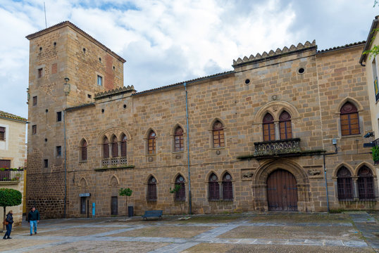 PLASENCIA, CACERES, SPAIN - NOVEMBER 25, 2018: Main facade of the palace of Monroy