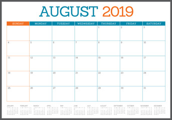 August 2019 desk calendar vector illustration