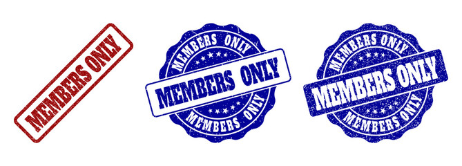 MEMBERS ONLY grunge stamp seals in red and blue colors. Vector MEMBERS ONLY labels with grunge texture. Graphic elements are rounded rectangles, rosettes, circles and text tags.