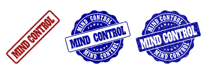 MIND CONTROL scratched stamp seals in red and blue colors. Vector MIND CONTROL signs with dirty style. Graphic elements are rounded rectangles, rosettes, circles and text labels.