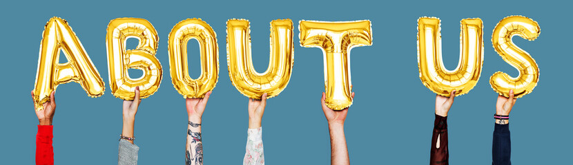 Hands holding about us word in balloon letters