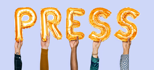 Hands holding press word in balloon letters