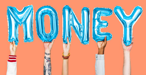 Hands showing money balloons word
