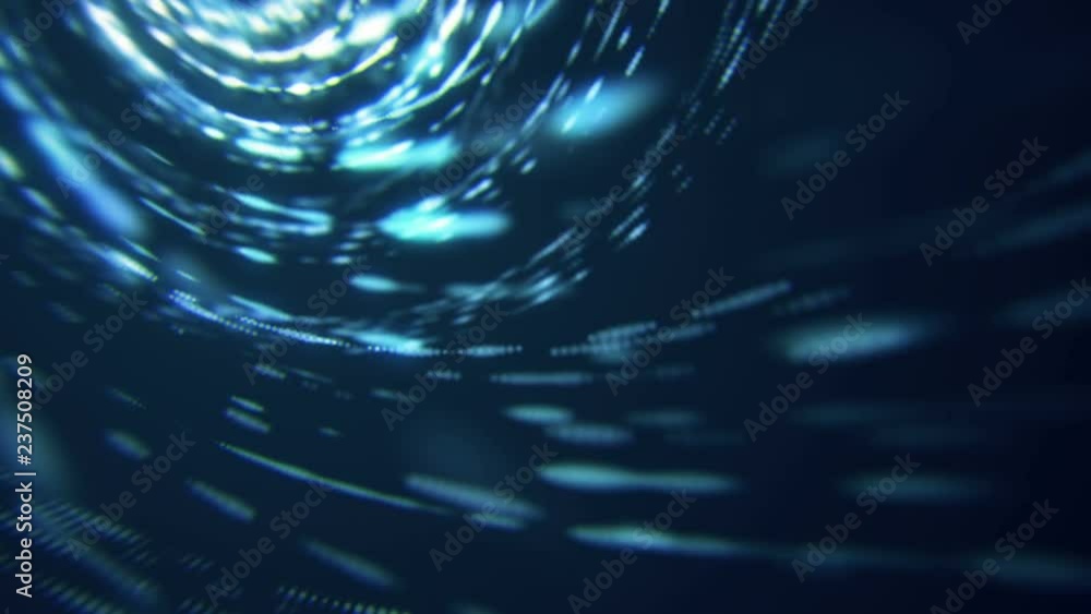 Poster animation of twisting particles with trails. blue glowing lights smoothly fly. turbulence force. cam