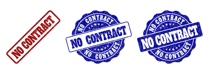 NO CONTRACT grunge stamp seals in red and blue colors. Vector NO CONTRACT imprints with dirty texture. Graphic elements are rounded rectangles, rosettes, circles and text titles.