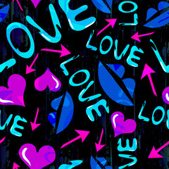 Graffiti Valentine Day on a black background seamless background