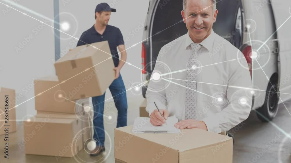 Poster warehouse composition of two men packing boxes into a van combined with animation of connect